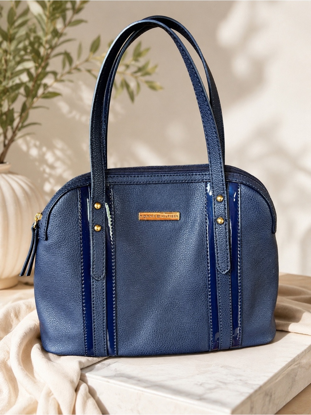 Tommy Hilfiger Navy and Patent Navy Leather Small Shoulder Tote